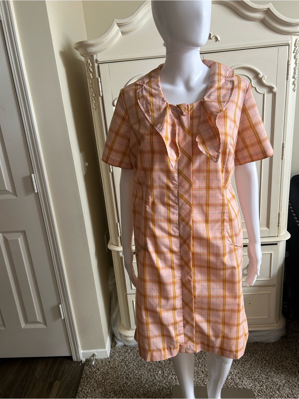 1970s Pink & Orange Plaid Midi Dress with Ruffle Collar